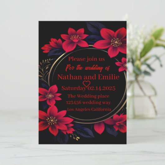 Elegante rode en zwarte bruiloft uitnodiging (Staand voorkant)