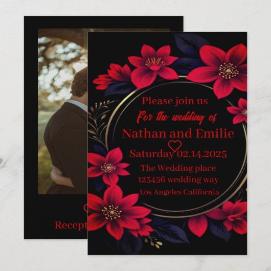 Elegante rode en zwarte bruiloft uitnodiging (Voorkant / Achterkant)