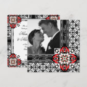 Elegante rode en zwarte Damask huwelijksuitnodigin Kaart (Voorkant / Achterkant)