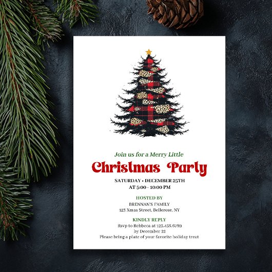 Elegante rode en zwarte geruite kerstdinert Invita Kaart
