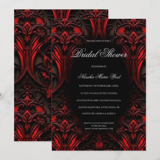 Elegante Rode en Zwarte Gotische Damast Bruiloftsf Kaart (Voorkant / Achterkant)