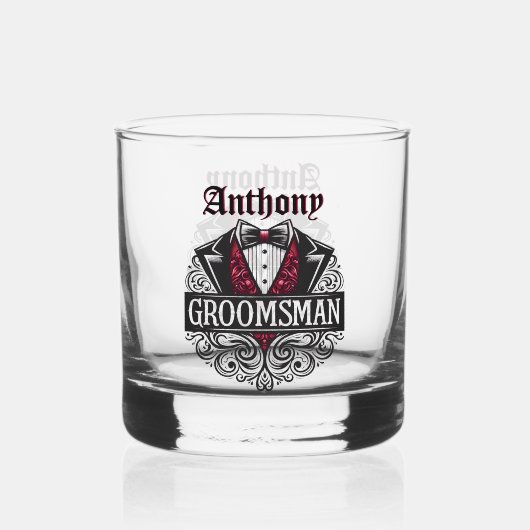 Elegante rode en zwarte Tuxedo Bowtie Groomsmen Whisky Glas (Voorkant)