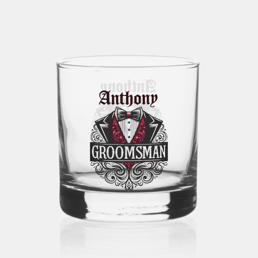 Elegante rode en zwarte Tuxedo Bowtie Groomsmen Whisky Glas (Achterkant)