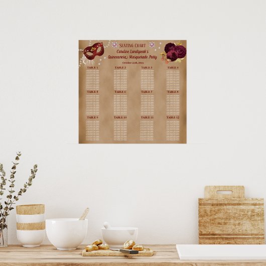 Elegante rode Engelse Rozen, Masquerade Quinceañer Poster (Keuken)