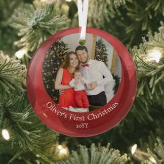 Elegante rode familie foto baby's eerste kerst glas ornament