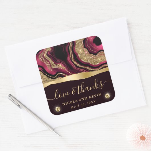 Elegante Rode Folie en Gouden Glitter Agaat Bruilo Vierkante Sticker (Envelop)