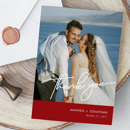 Elegante rode foto bruiloft dank u kaart