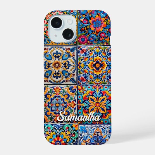 Elegante Rode Gele Mexicaanse Talavera Monogram iPhone 15 Case (Achterkant)