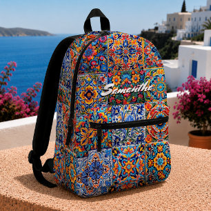 Elegante rode gele Mexicaanse Talavera-monogramteg Bedrukte Rugzak