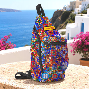 Elegante rode gele Mexicaanse Talavera-monogramteg Sling Bag