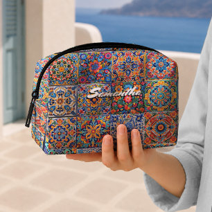 Elegante rode gele Mexicaanse Talavera-monogramteg Toilettasje