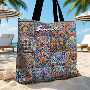 Elegante rode gele Mexicaanse Talavera-tegelmonogr Tote Bag