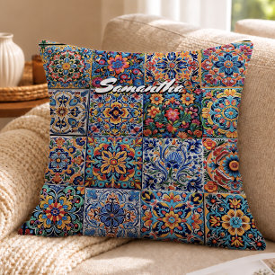 Elegante rode gele Talavera-tegels monogram Kussen