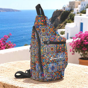 Elegante rode gele Talavera-tegels monogram Sling Bag