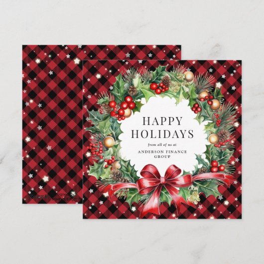 Elegante rode geplakte kerstkrans bedrijf feestdagenkaart (Voorkant / Achterkant)