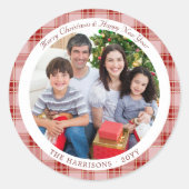 Elegante rode geplakte kerstvakantie foto ronde sticker (Voorkant)