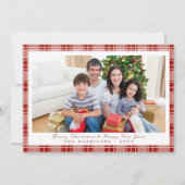 Elegante rode geruite kerstfotokaart feestdagenkaart (Voorkant)