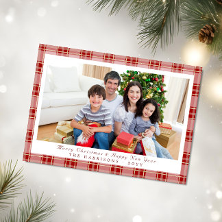 Elegante rode geruite kerstfotokaart feestdagenkaart