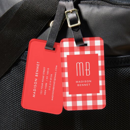 Elegante Rode Gingham Monogram Bagagelabel