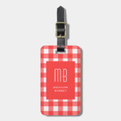 Elegante Rode Gingham Monogram Bagagelabel (Voorkant verticaal)