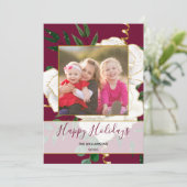 Elegante rode glam witte rozen glitter foto feestdagenkaart (Staand voorkant)