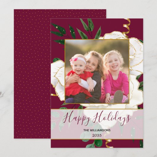 Elegante rode glam witte rozen glitter foto feestdagenkaart (Voorkant / Achterkant)