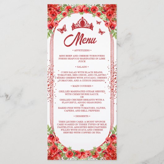 Elegante rode glitter bloemenquinceanera jurk menu (Voorkant)