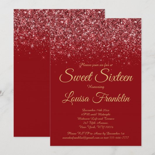 Elegante rode glitter & goud Sweet 16 uitnodiginge Kaart (Voorkant / Achterkant)