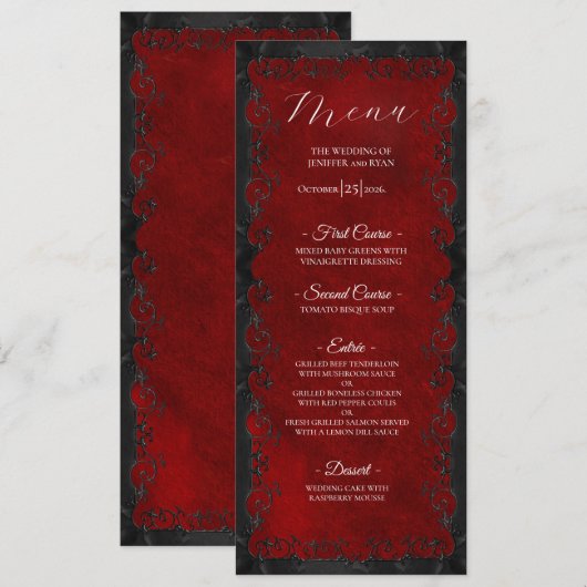 Elegante rode gotische huwelijksmenu menu (Voorkant / Achterkant)