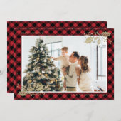 Elegante rode goud geruite kerstkaart met foto (Voorkant / Achterkant)