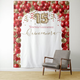Elegante rode gouden ballonboog Quinceanera Wandkleed