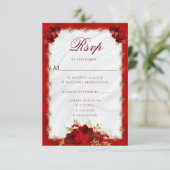 Elegante rode gouden bloemen Rozen Entree bruiloft RSVP Kaartje (Staand voorkant)