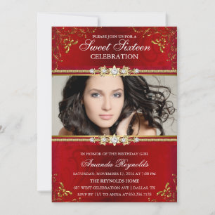 Elegante rode & gouden bloemensweet sixteen uitnod kaart