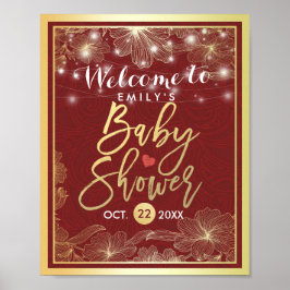 Elegante rode gouden bloemrijke frame baby shower  poster