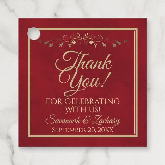 Elegante rode & gouden filigraan bruiloft dank u bedankjes labels (Voorkant)