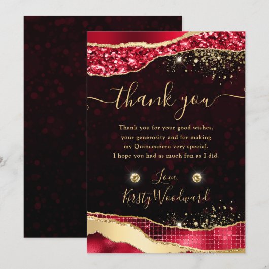 Elegante rode & gouden Glitter Glam Tears Quincean Bedankkaart (Voorkant / Achterkant)