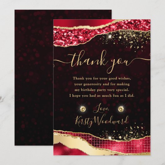 Elegante rode & gouden glitter glam tranen verjaar bedankkaart (Voorkant / Achterkant)