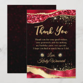 Elegante rode & gouden glitter glam tranen verjaar bedankkaart (Voorkant / Achterkant)