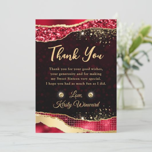 Elegante rode & gouden glitter glam tranen zoet 16 bedankkaart (Staand voorkant)