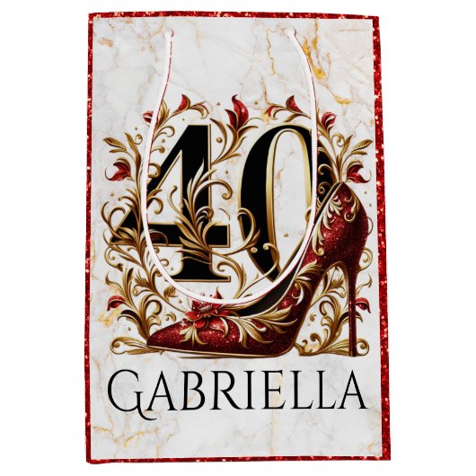 Elegante rode & gouden glitter hoge hak 40e verjaa medium cadeauzakje (Voorkant)