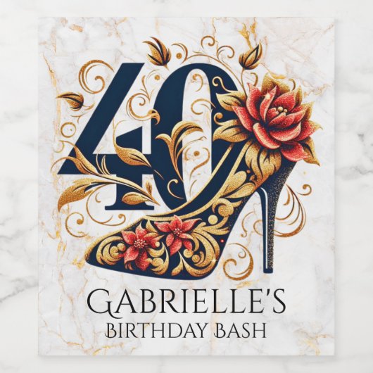 Elegante rode & gouden glitter hoge hak 40e verjaa wijn etiket (Enkel label)