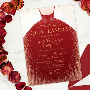 Elegante rode gouden glitter jurk Quinceañera Kaart