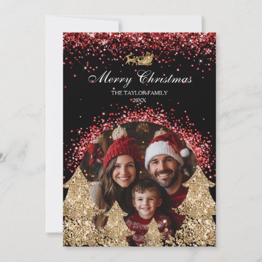 Elegante rode gouden glitter kerstboom foto kaart (Voorkant)