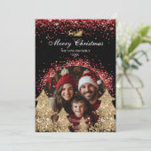 Elegante rode gouden glitter kerstboom foto kaart (Staand voorkant)
