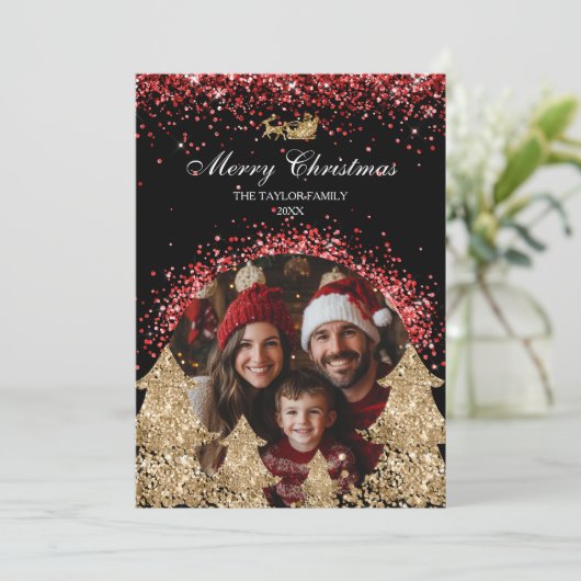 Elegante rode gouden glitter kerstboom foto kaart (Staand voorkant)