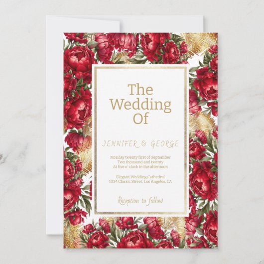Elegante rode gouden groene pioen bloemige bruilof kaart (Voorkant)