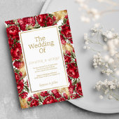 Elegante rode gouden groene pioen bloemige bruilof kaart