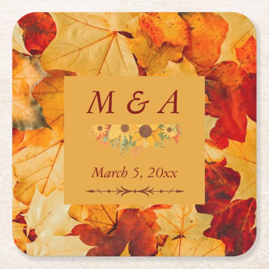 Elegante rode gouden herfstbladeren bruiloft kartonnen onderzetters (Voorkant)