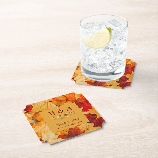 Elegante rode gouden herfstbladeren bruiloft kartonnen onderzetters (Insitu)