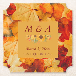 Elegante rode gouden herfstbladeren bruiloft kartonnen onderzetters